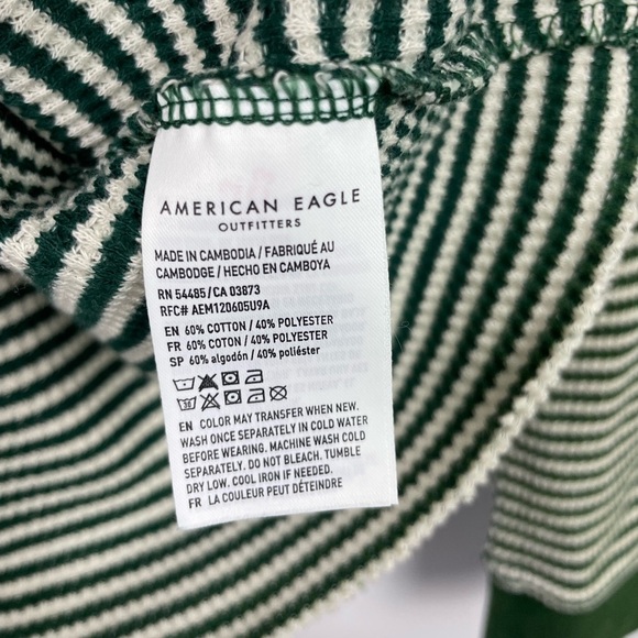 American Eagle Green White Striped Waffle Knit Raglen Long Sleeve Shirt - Picture 4 of 6